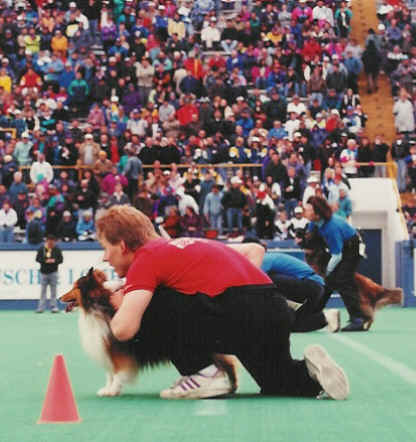 Shuan and Brad at a CFL Winnipeg Blue Bomber halftime show (August 1994)
